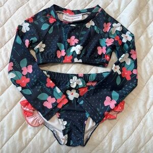 Oopsie Daisy 2T Navy Floral Long Sleeve Bikini with Pink & White Flowers